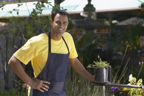 A smiling man wearing a yellow T-shirt and a dark apron stands in a backyard garden, holding a small potted plant with green foliage and purple flowers. The garden features a neatly maintained lawn with lush, green grass, and is bordered by various shrubs and garden beds. Behind him, there are raised wooden garden beds, and a garden shed with a green roof is visible in the background, along with a decorative garden ornament and trees that provide partial shade. The scene appears to be during daylight with natural light illuminating the area, indicating an outdoor environment suitable for gardening and landscape maintenance. This setting highlights professional gardening services in Hoxton, including planting, lawn care, and outdoor landscape enhancement, with a focus on vibrant greenery and tidy garden organization typical of local outdoor spaces.