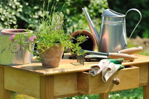 Front garden with tools and plants representing local gardening services in Hoxton