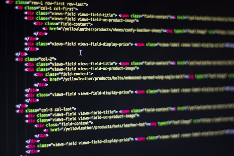 A close-up view of a computer screen displaying lines of HTML and CSS code in a text editor, with a focus on the tags and attributes used for web development. The code includes elements such as <html>